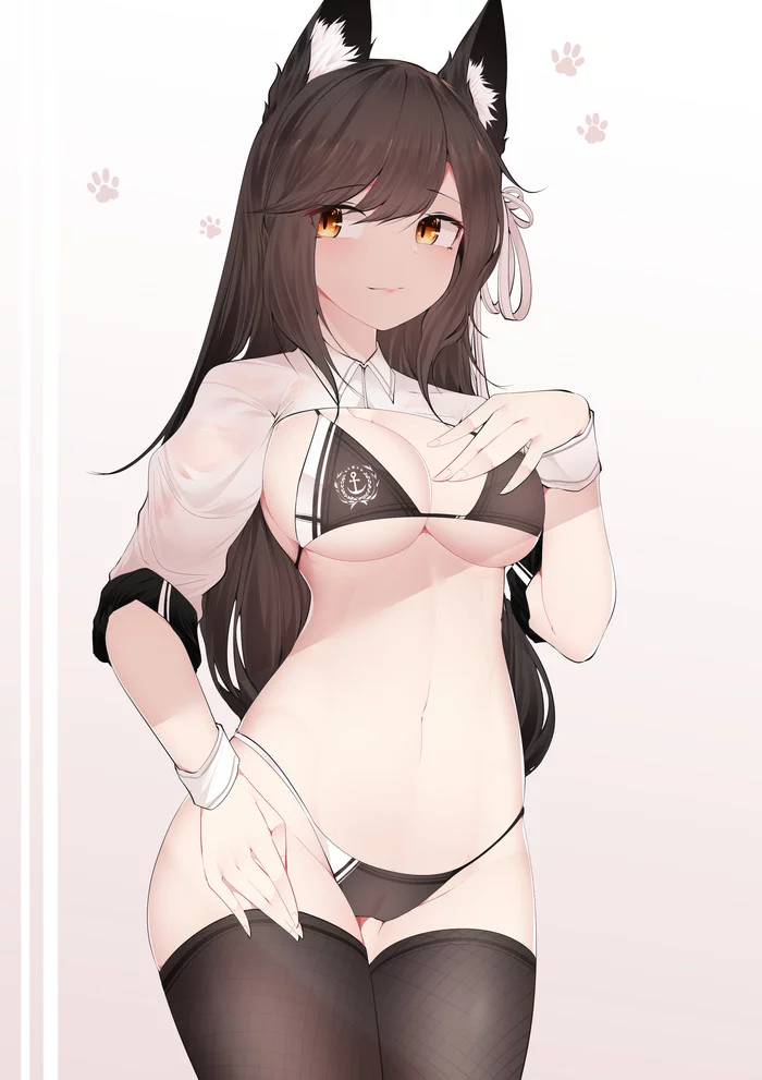 Atago - NSFW, Anime, Anime art, Azur lane, Atago, Swimsuit, Breast, Stockings, Animal ears