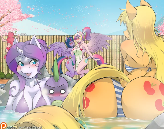 The hot springs - NSFW, My little pony, Rarity, Applejack, Twilight sparkle, Princess cadance, Spike, MLP Suggestive, Anthro, Pinkie pie