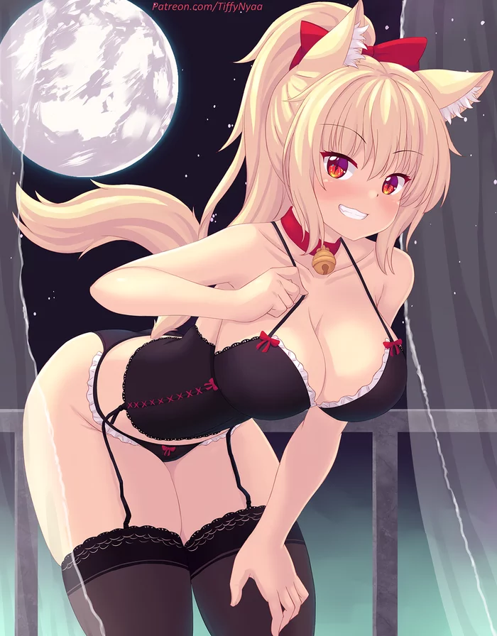 Tiffy - NSFW, Anime, Anime art, Original character, Animal ears, Breast, Pantsu, Stockings, Fastrunner2024, Tiffy, moon, Tail, Beautiful girl