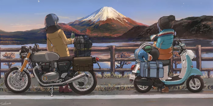 We're going, going, going! - Anime, Anime art, Pixiv, Yuru camp, Girls, Moped, Moto, Shima Rin