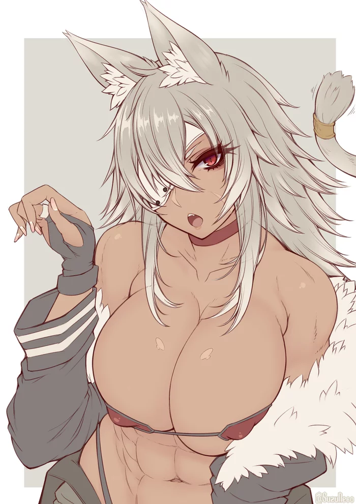 Ghislaine Dedoldia - NSFW, Strong girl, Art, Muscleart, Ghislaine dedoldia, Mushoku tensei, Anime, Anime art, Animal ears, Tail, Breast