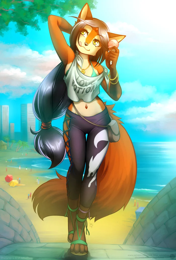 Chanterelle with ice cream - Furry, Art, Beach, Furry fox, Ice cream, Abluedeer