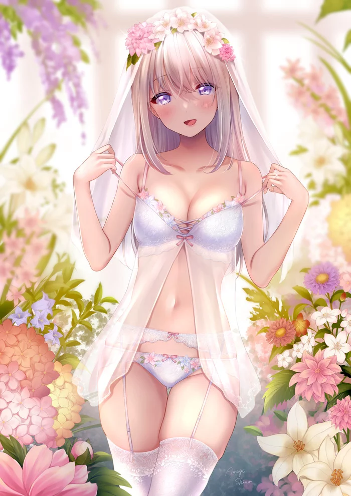 cutie - NSFW, Girls, Anime, Anime art, Boobs, Legs, Stockings, Pantsu, Peignoir, Hand-drawn erotica, Blonde, Pixiv, Anime original, 