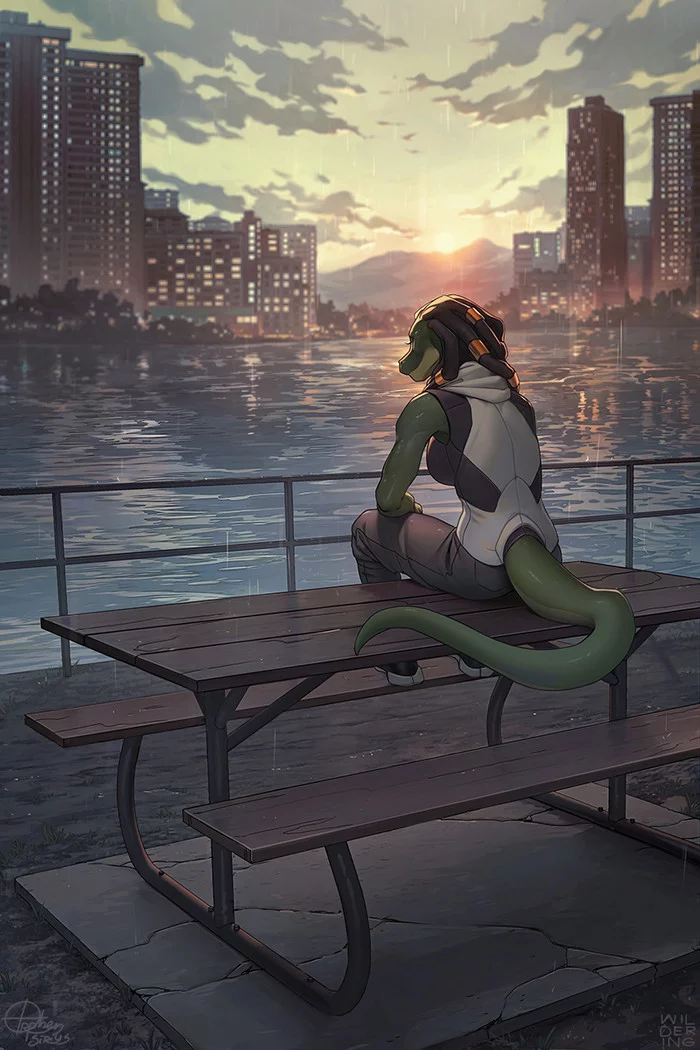 Thoughtful - Orphen sirius, Furry, Art, Collab, Wildering, Furry scalie, Town, Sunset