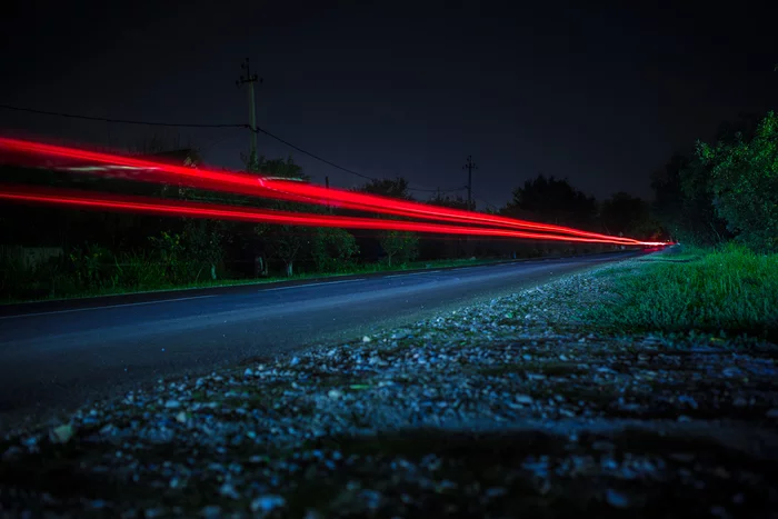 The trail of a lonely penny on a summer night - My, Night, Lights, Road, The photo, Summer
