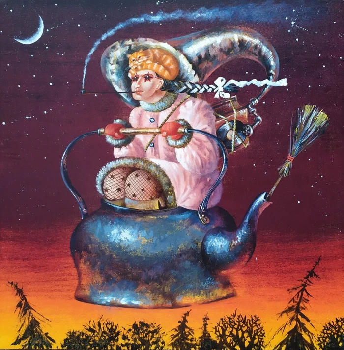 Painting To the tea party - My, Art, Modern Art, Painting, Baba Yaga, Story, Art, Party, Fantasy, , Kettle, Broom, Witch's Broom, Gramophone, cat