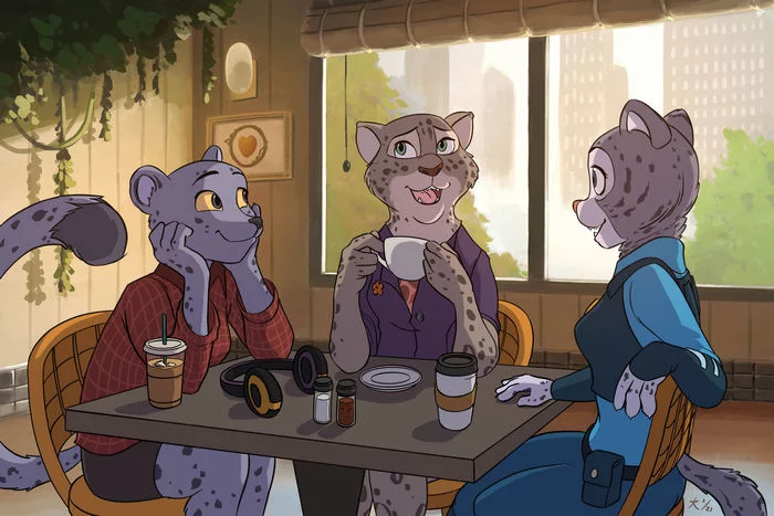 Growley Sisters - Coffee Break - Зверополис, Furry snow leopard, Кофе, Снежный барс, Фурри, Deannart, Арт