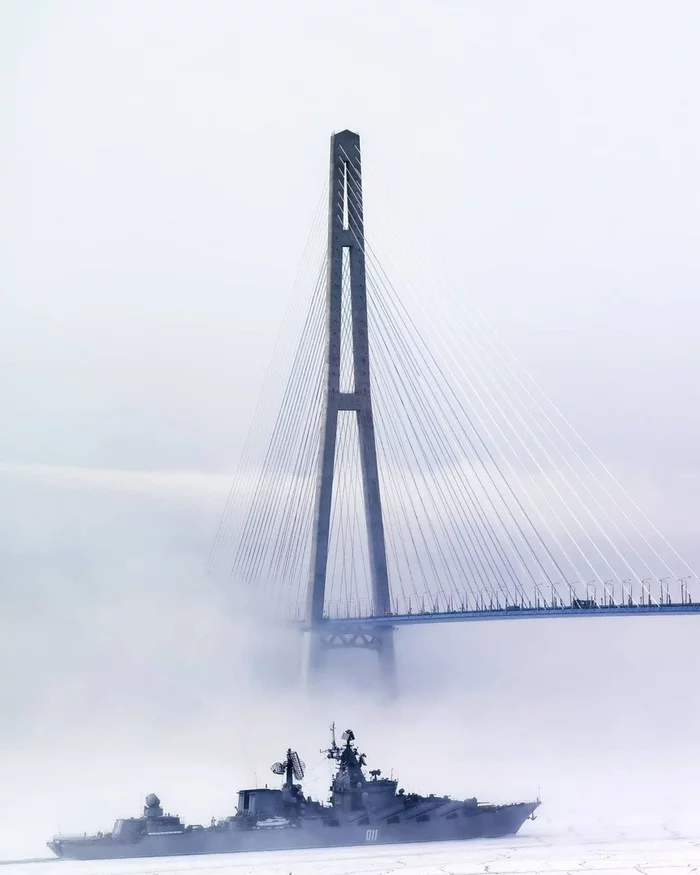 Order of Nakhimov guards missile cruiser Varyag in the Bosphorus East - The photo, Fleet, Ship, Russia, Vladivostok, Strait, Bridge, Fog, , Military