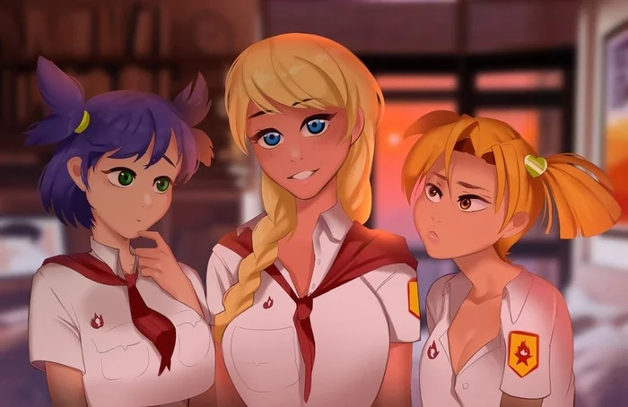 Alice; Slavya, we have two questions for you; Where is our Stolichnaya?! And why are you so suspiciously cheerful?! - Endless Summer (visual novel), Visual novel, Camp owlet, Lena, Glorifying, Alisa Dvachevskaya, Art, Humor