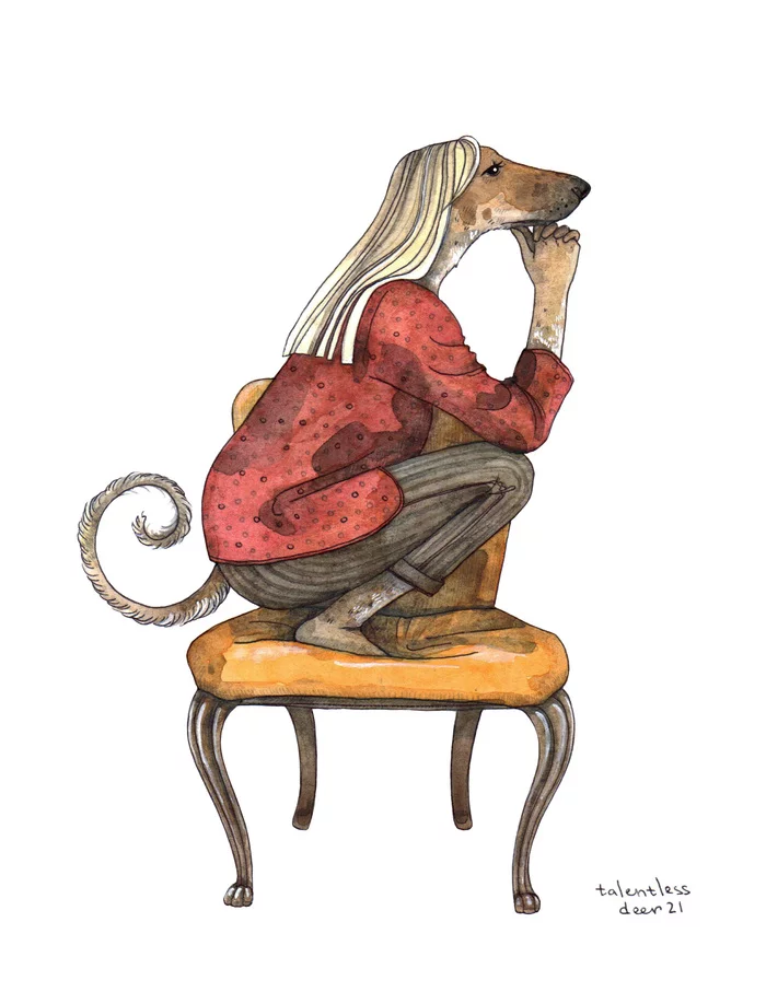 On the chair - My, Art, Dog, Drawing, Watercolor, Illustrations, Graphics, Sketch, Women, Humanization