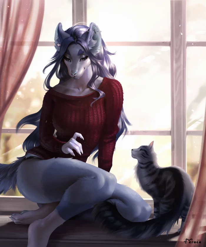 Near the window - NSFW, Furry, Anthro, Art, Furotica, Breast, Furry canine, Eruca, Longpost