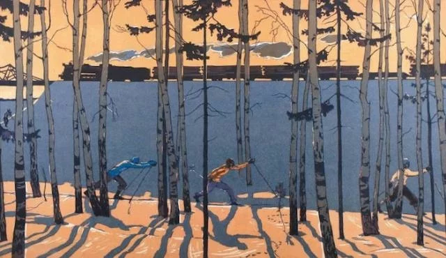 Day off (1958), color linocut - Art, Socialist Realism, Winter, Skiers