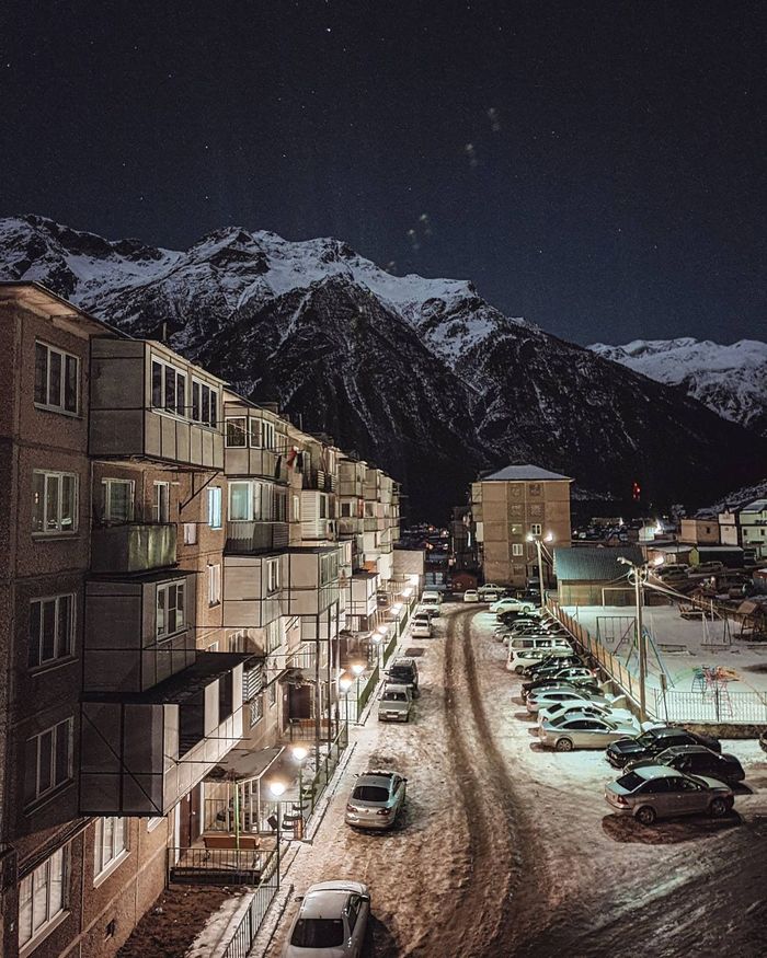 Evening in the village of Elbrus - Elbrus, Village, Panel house, The mountains, Kabardino-Balkaria, The nature of Russia, Travel across Russia, Tourism, The photo, Winter