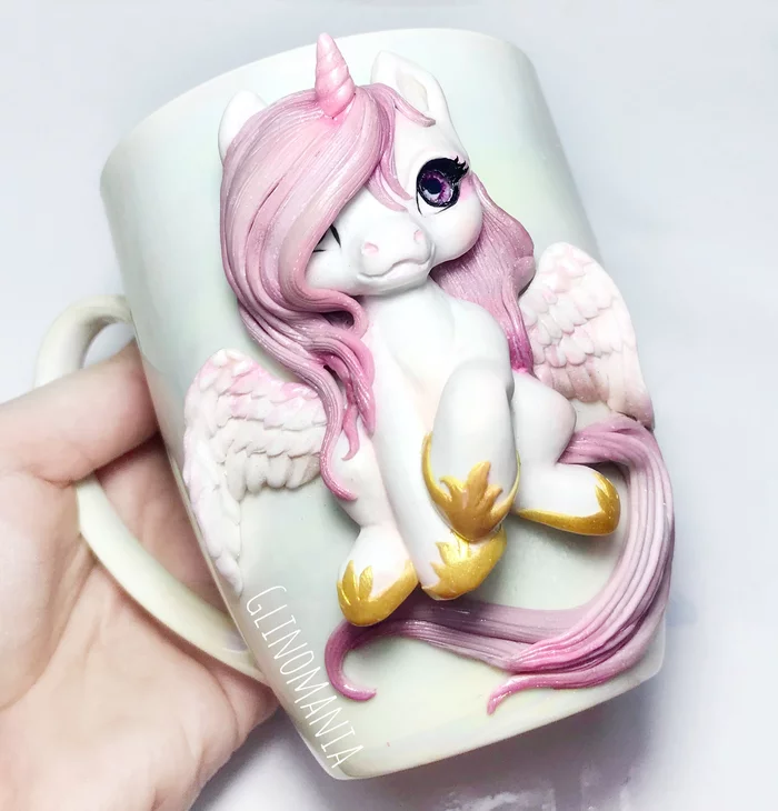 One of my favorites! It took 3 days of work, but it was worth it! material (polymer clay) (glass cabochon eyes) - Mug with decor, Polymer clay, Fimo, Presents, Unicorn, Handmade, Needlework without process, Needlework without process