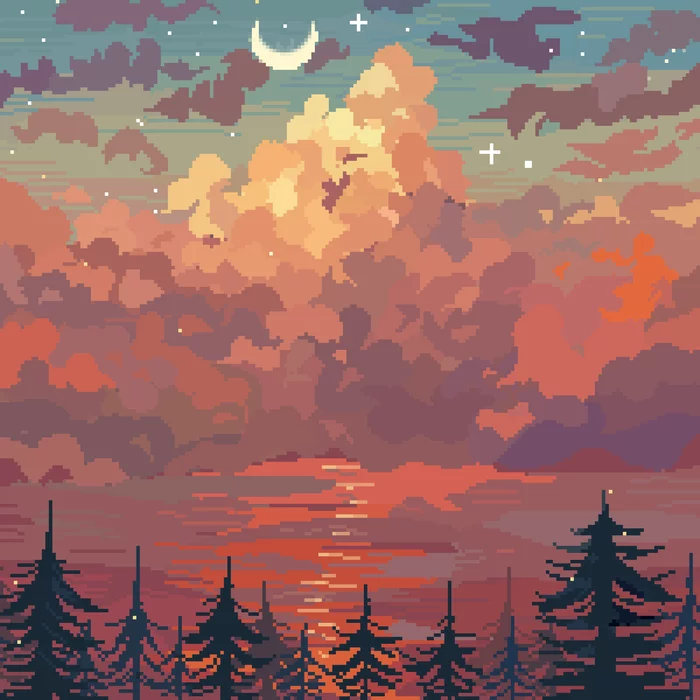 Воздушно - Моё, Pixel Art, Небо, Пейзаж, Пиксель