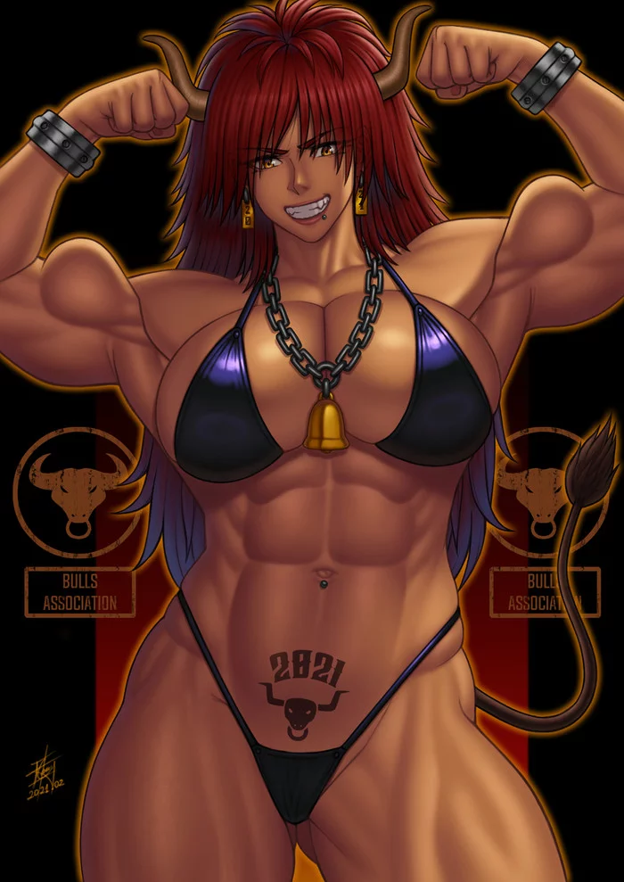 Milk Time!! - NSFW, Ero-Chong, Muscleart, Strong girl, Sleep-Sleep, Cowsuit, Monster girl, Art, Anime, Anime art, Original character, Body-building, Bodybuilders, Longpost