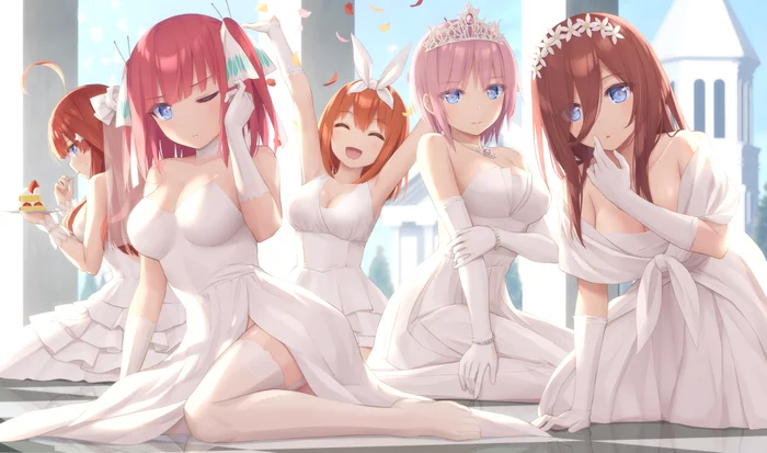 5 brides - Anime, Anime art, Gotoubun no hanayome, Nakano miku, Nino nakano, Ichika Nakano, Nakano Itsuki, Nakano Yotsuba, Wedding Dress, Bride