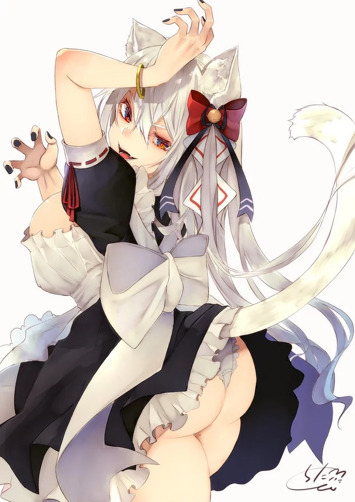 Neko - NSFW, Anime, Anime art, Original character, Neko, Animal ears, Tail, Art, Girls, Booty, Breast, Housemaid, Pantsu