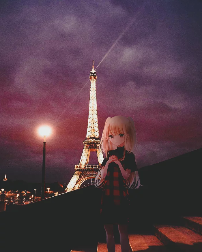 A Quiet Evening In Paris - Моё, Аниме, Anime Art, Девушки, Париж, Ночь, 2D Among Us, Anime Madskillz, Original Character