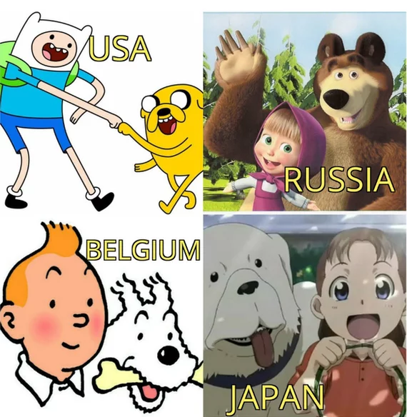 I love that cartoon characters all over the world teach children to team up with animals - Picture with text, Black humor, Animals, Anime, Cartoons, Masha and the Bear, Fullmetal alchemist, Adventure Time