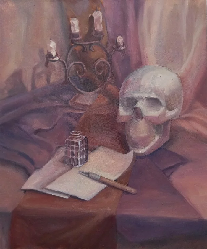 Still life with a skull - My, Still life, Painting, Oil painting, Painting, Scull