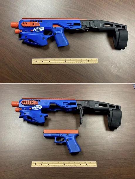 During a search on suspicion of drug possession, a dude was found to have a fully functional Glock hidden in a toy Nerf gun. - Weapon, Pistols, Drugs, Nerf