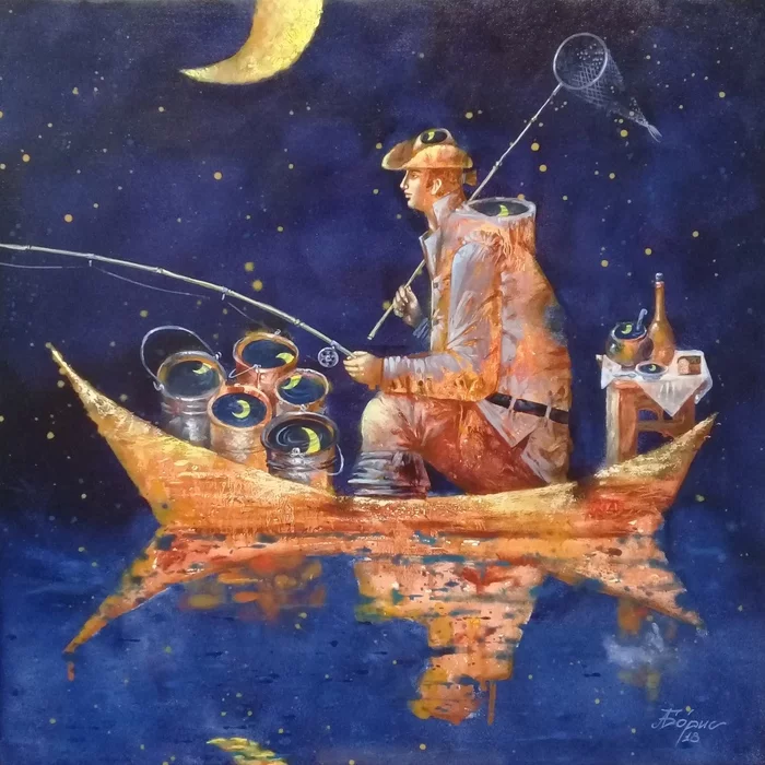 Painting In a cool place - My, Art, Modern Art, Painting, Art, Fantasy, Fishing, Month, moon, , A boat