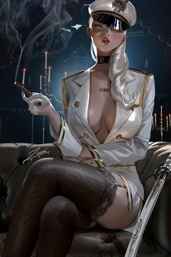 Military Lady - NSFW, Art, Girls, Breast, Original character, Cigar, Stockings, Zumidraws, Barcode, Katana, Cap