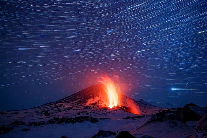 Fire and stars - My, Kamchatka, Volcano, Eruption, Klyuchevskoy Volcano, Lava, Stars, Таймлапс, Video