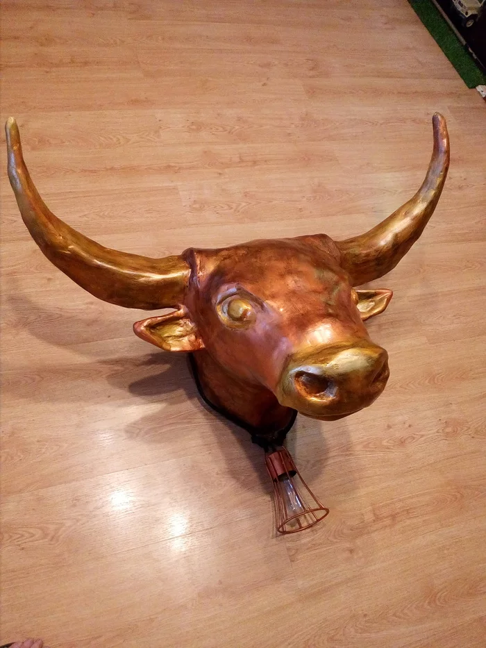 Bull's head on the wall - My, Sculpture, Bull, Lamp, With your own hands, Handmade, Straight arms, Homemade, Longpost, Needlework with process
