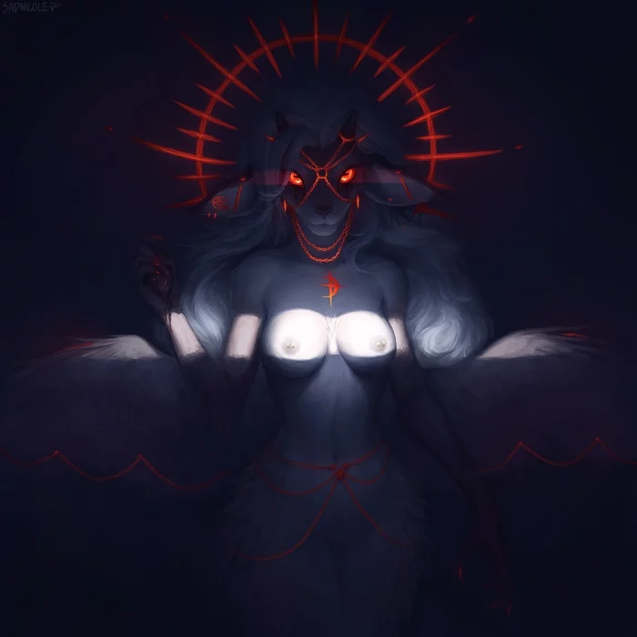 Glory to Satan - NSFW, Baphomet, Satan, Furry, Anthro, Art, Fantasy, Erotic, Boobs, Piercing, Longpost, Furotica, Furry goat