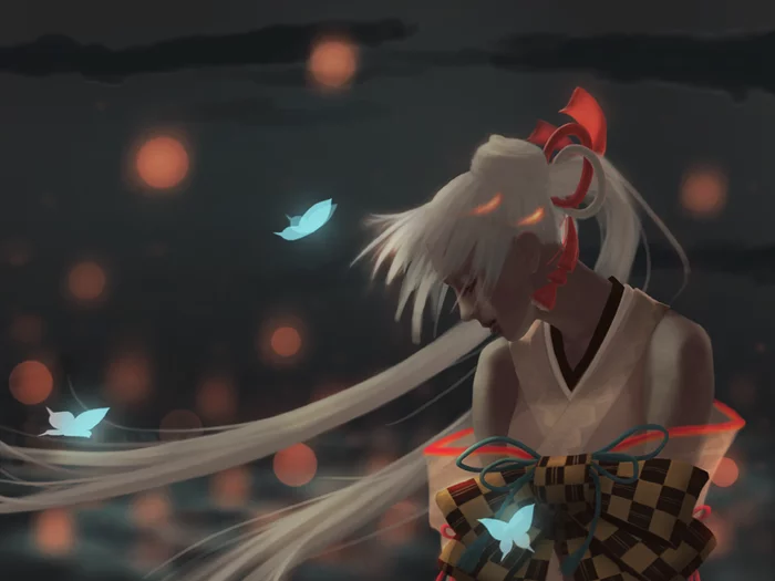 Lights over the sea - My, Drawing, Digital drawing, Art, Photoshop, Onmyoji, GIF