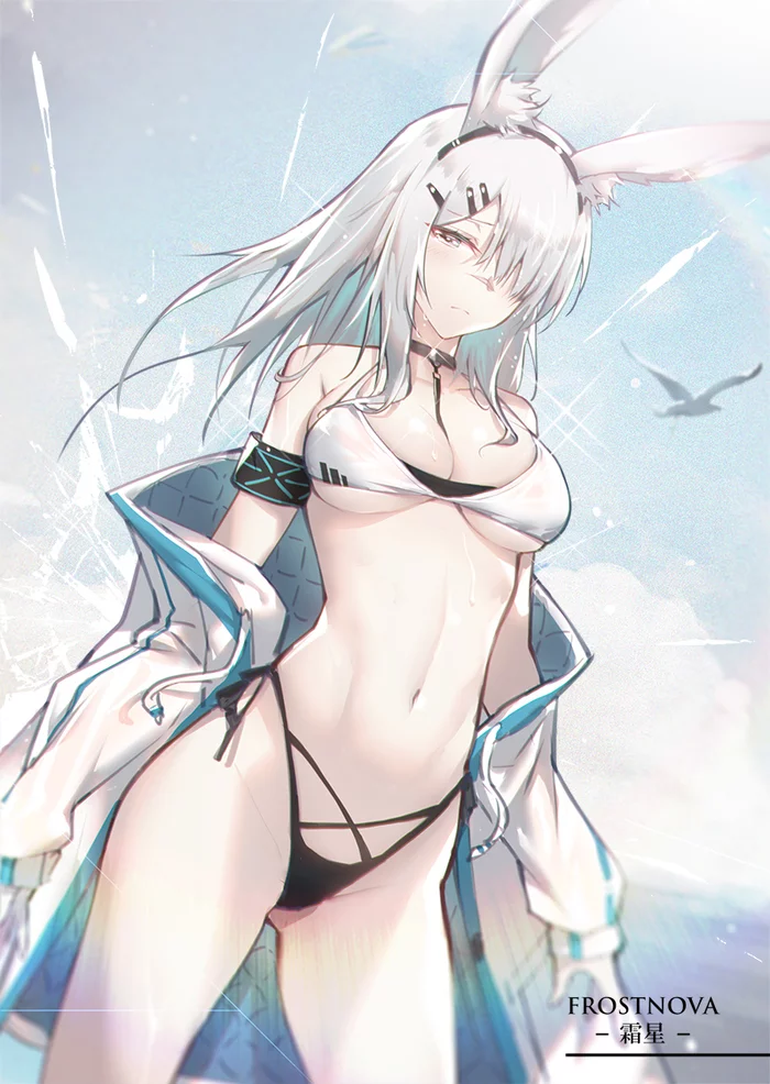 Frostnova - NSFW, Аниме, Anime Art, Arknights, Frostnova, Animal Ears, Купальник, Грудь, Рисованная эротика, Эротика