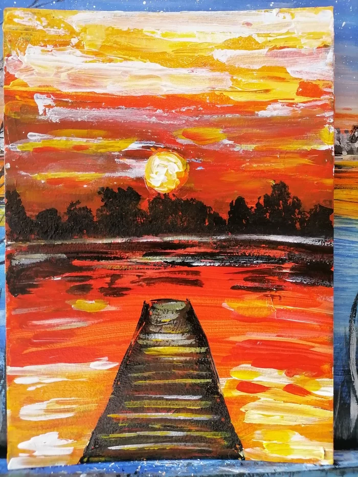 A little creativity in the feed :) - My, Creation, Oil painting, Painting, Landscape, Nature, Sunset, Red