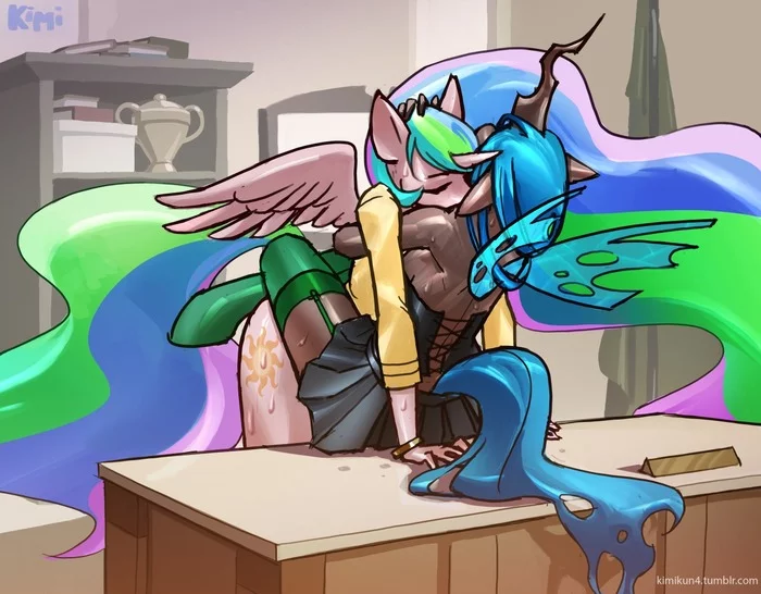 Queen Chrysalis' re-education is a success - NSFW, My little pony, Princess celestia, Queen chrysalis, MLP Lesbian, MLP Suggestive, Anthro