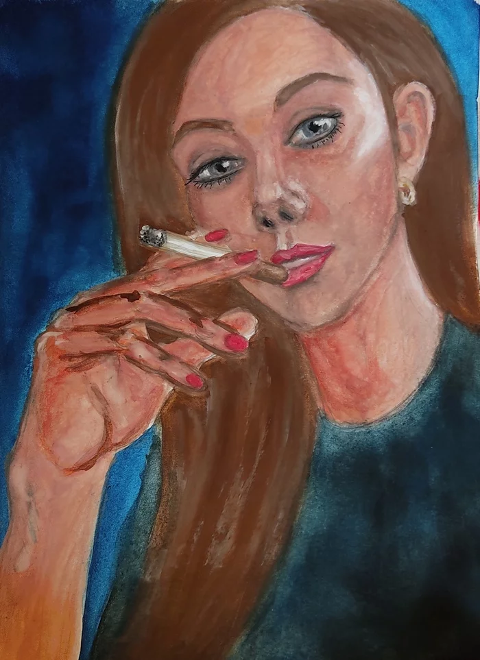 Girl with a cigarette - My, Gouache, Sketch, Art, Girls, Smoking, Cigarettes