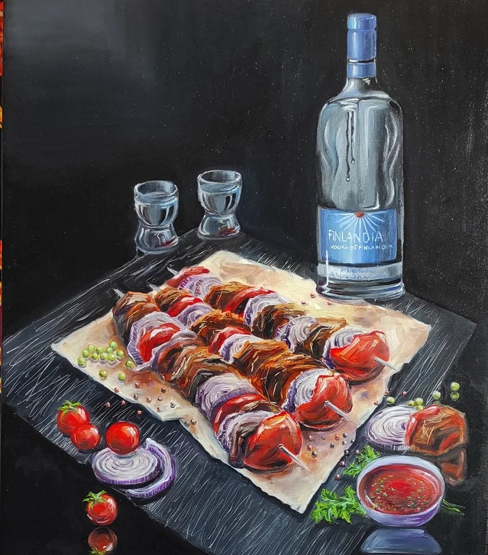 IozhikDnepr - My, Oil painting, Painting, Iozhikdnepr, Art, Modern Art, Still life, Shashlik