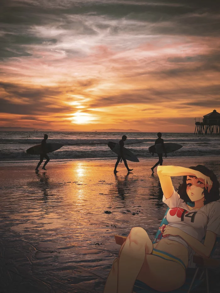 Ginger and Beautiful - My, Anime, Anime art, Girls, Beach, Sunset, Sea, 2D Among Us, Anime madskillz, Feguimel