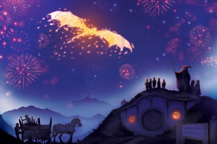 Shire - Art, Drawing, Lord of the Rings, Shire, Gandalf, Fireworks, Chasingartwork