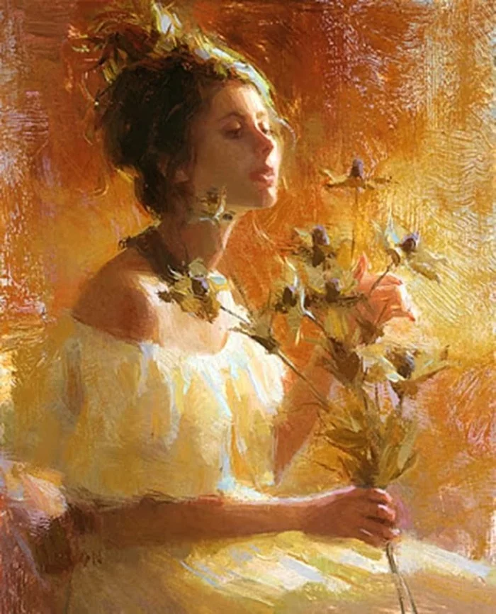 With flowers - Painting, Artist, Art, Painting, Girls, Flowers