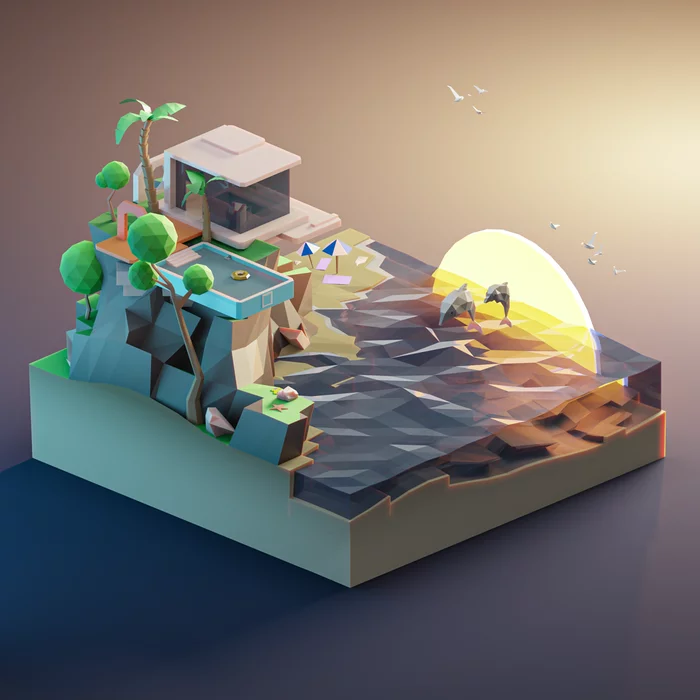 Waterfront House Low Poly - My, 3D, Low poly, Blender, Isometric, Art, Beach, Shore, Sea, , Sunset, Computer graphics