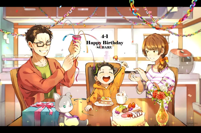 Subaru's birthday - Re: Zero Kara, Natsuki subaru, Rem (Re: Zero Kara), Ram (Re: Zero Kara), Petra, Emilia, Otto, Beatrice, Longpost, Anime, Anime art