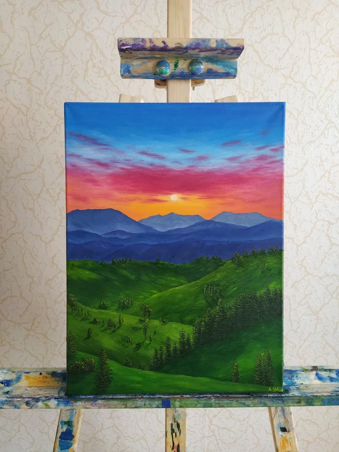 Oil, canvas on stretcher 30*40cm - My, Butter, Oil painting, The mountains, Sunset, Longpost