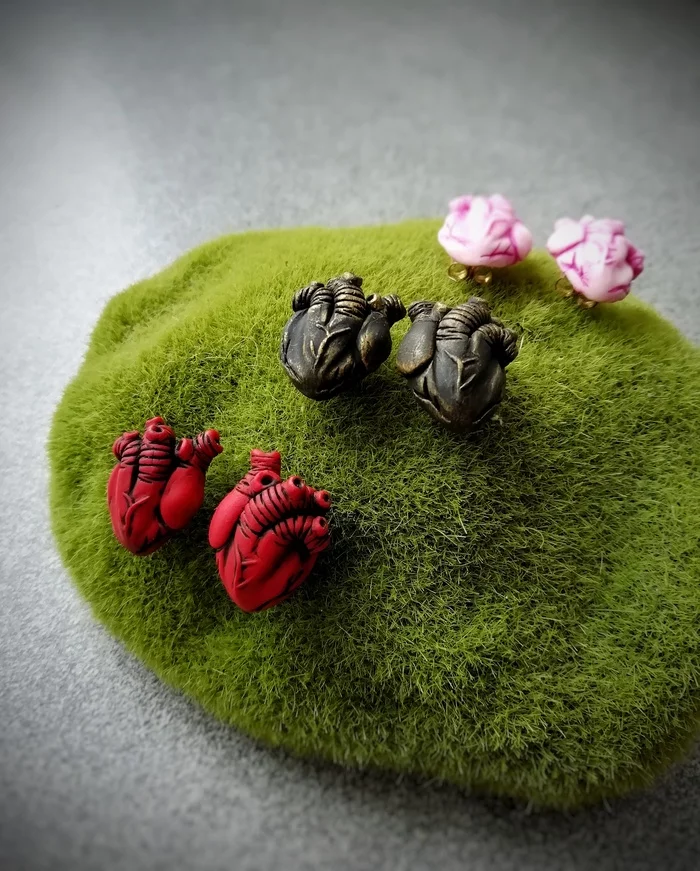 Heart earrings, why not? - My, Earrings, Anatomical heart, Heart, Polymer clay, Лепка, Needlework without process, Longpost