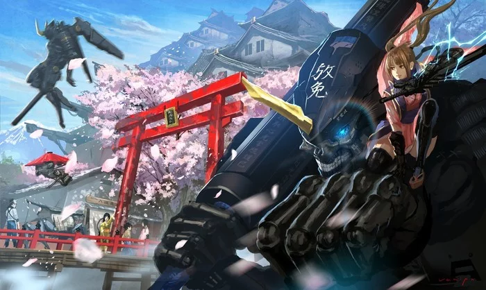 Mecha samurai - Anime, Art, Anime art, Samurai, Japan, Torii, Sakura, Fur