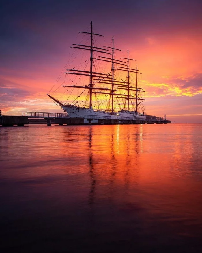 Sedov in Svetly - Baltiysk, Kaliningrad region, Sunset, The photo, Russia, Ship, beauty, Sailboat