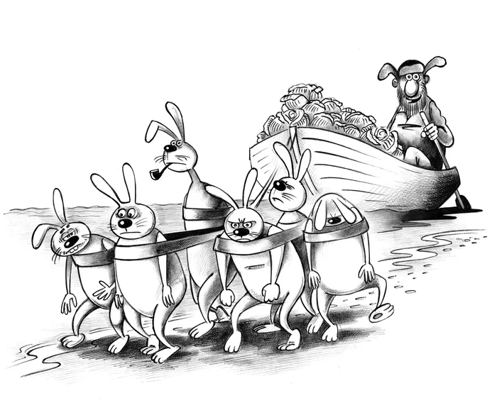 Barge Haulers - My, Sergey Korsun, Caricature, Pen drawing, Barge Haulers, Grandfather Mazai, Hare, Hard work