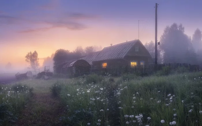 Slumbering in the dandelions - Village, Fog, Dandelion, The nature of Russia, Travel across Russia, Kirov region, Okunevo