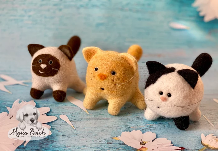 Three cats, three tails :) - My, Needlework without process, cat, Kittens, Toys, Spring, Souvenirs, Dry felting, With your own hands, Handmade, Longpost