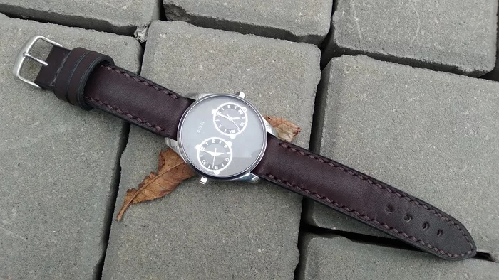 Guess watch strap. Men's watch strap with podium - My, Leather products, Needlework with process, Strap, Leather, Clock, Natural leather, Wrist Watch, Handmade, With your own hands, Male, Hobby, Longpost